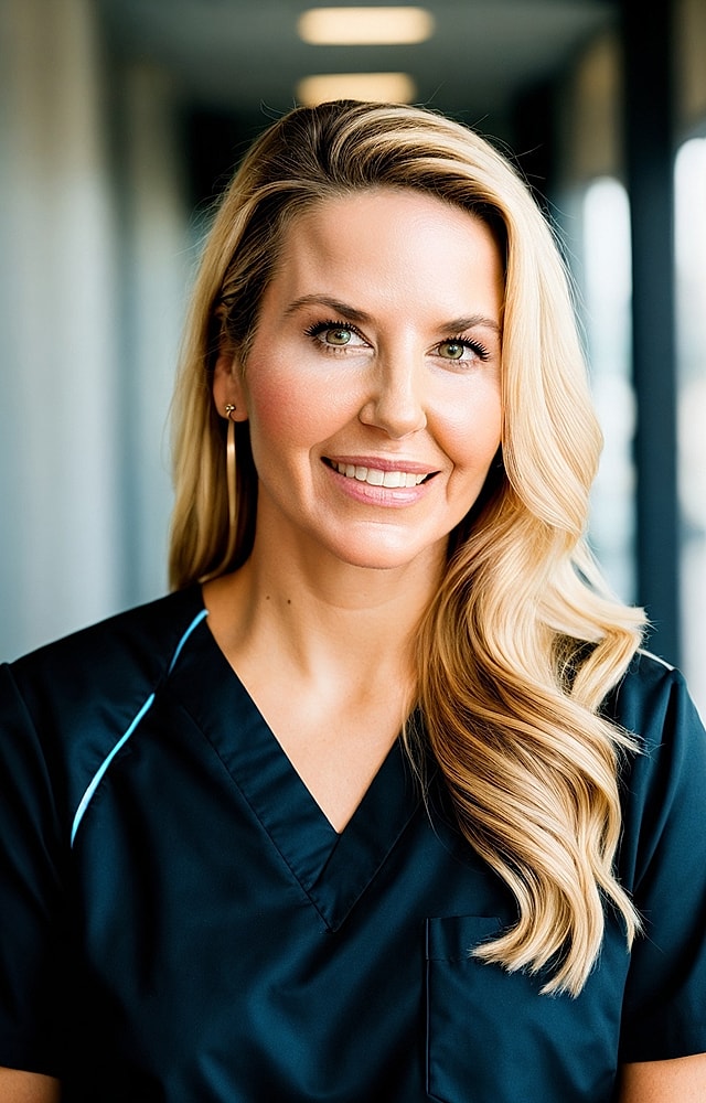 Smiling professional in medical scrubs portrait.
