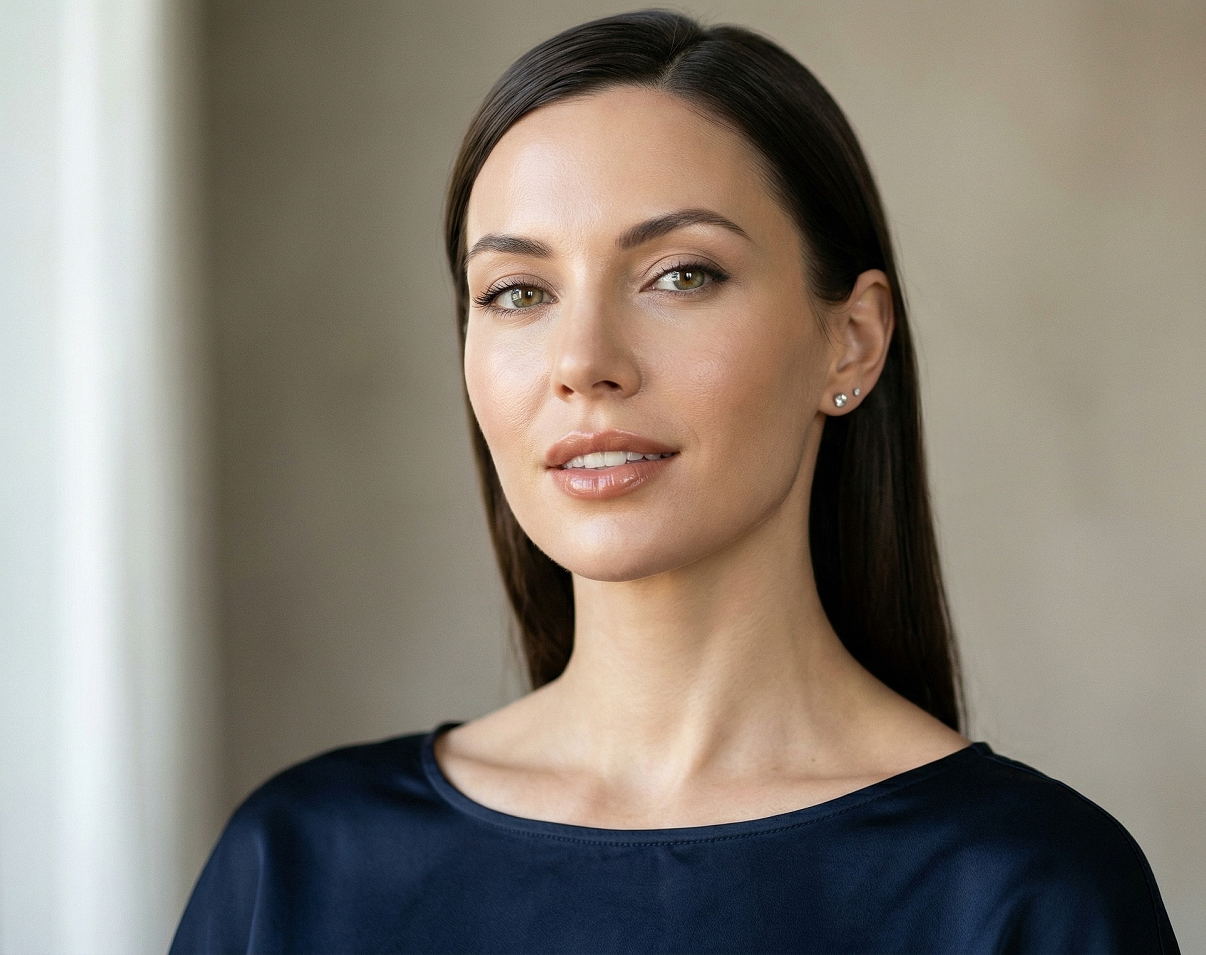 Woman with long hair smiling confidently indoors.